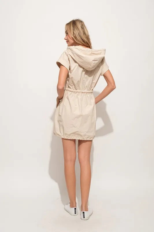 And The Why Short Sleeve String Details Hooded Mini Dress