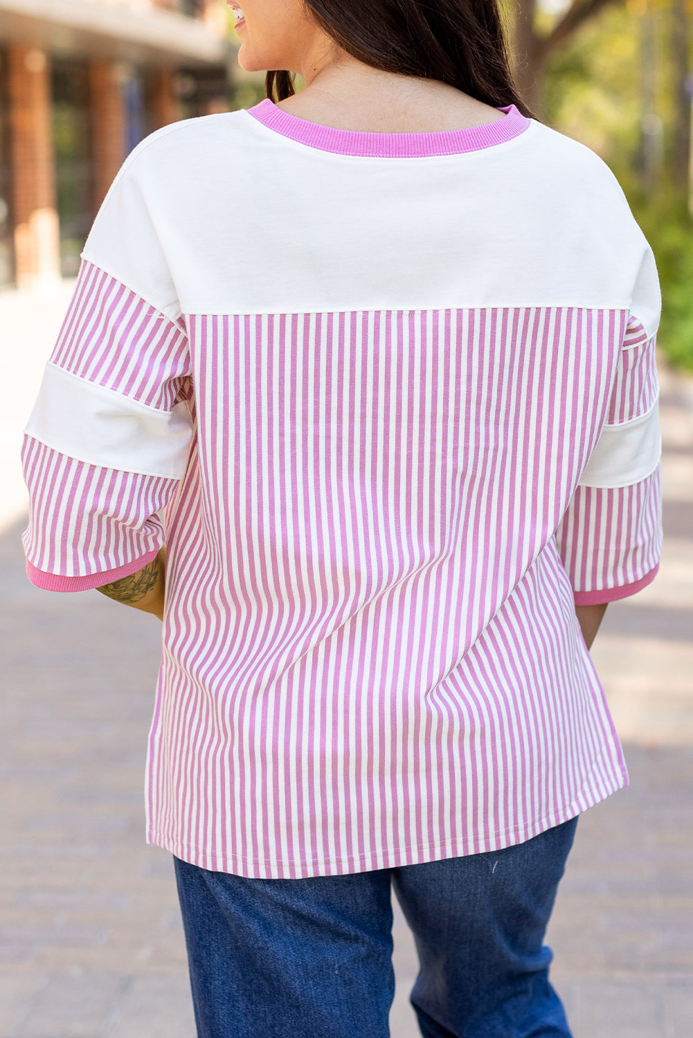 Phalaenopsis Striped Patchwork 3/4 Sleeve Casual Top