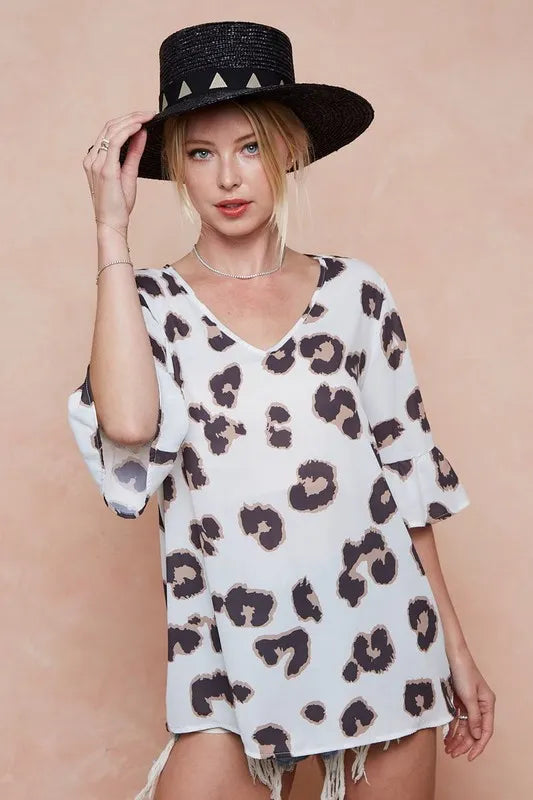 Leopard Printed V Neck Woven Top with Ruffled
