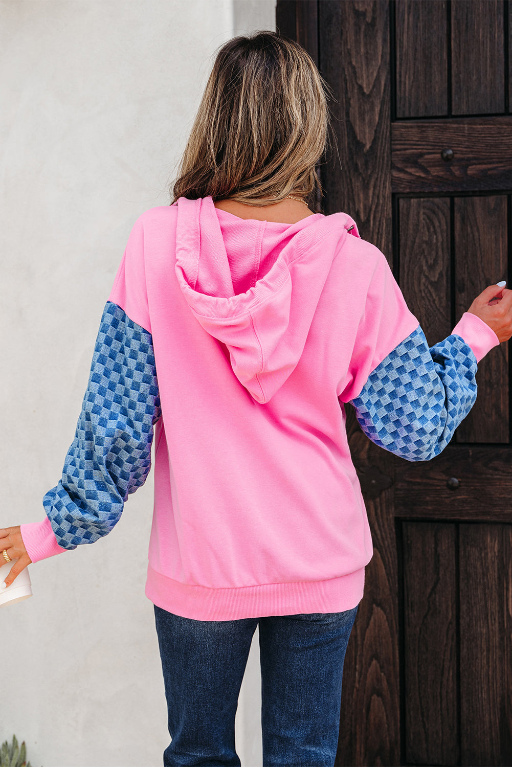 Bonbon Checkered Patchwork Kangaroo Pocket Half Zipper Hoodie