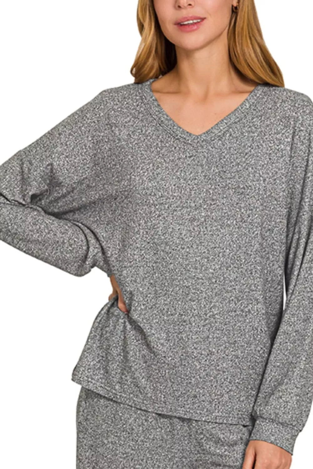 Zenana Soft Melange Long Sleeve Tee & Pants Set