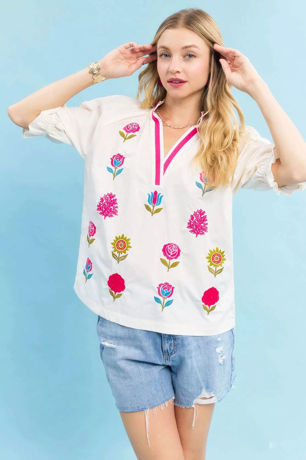 Embroidered Floral Top with Contrast Trim