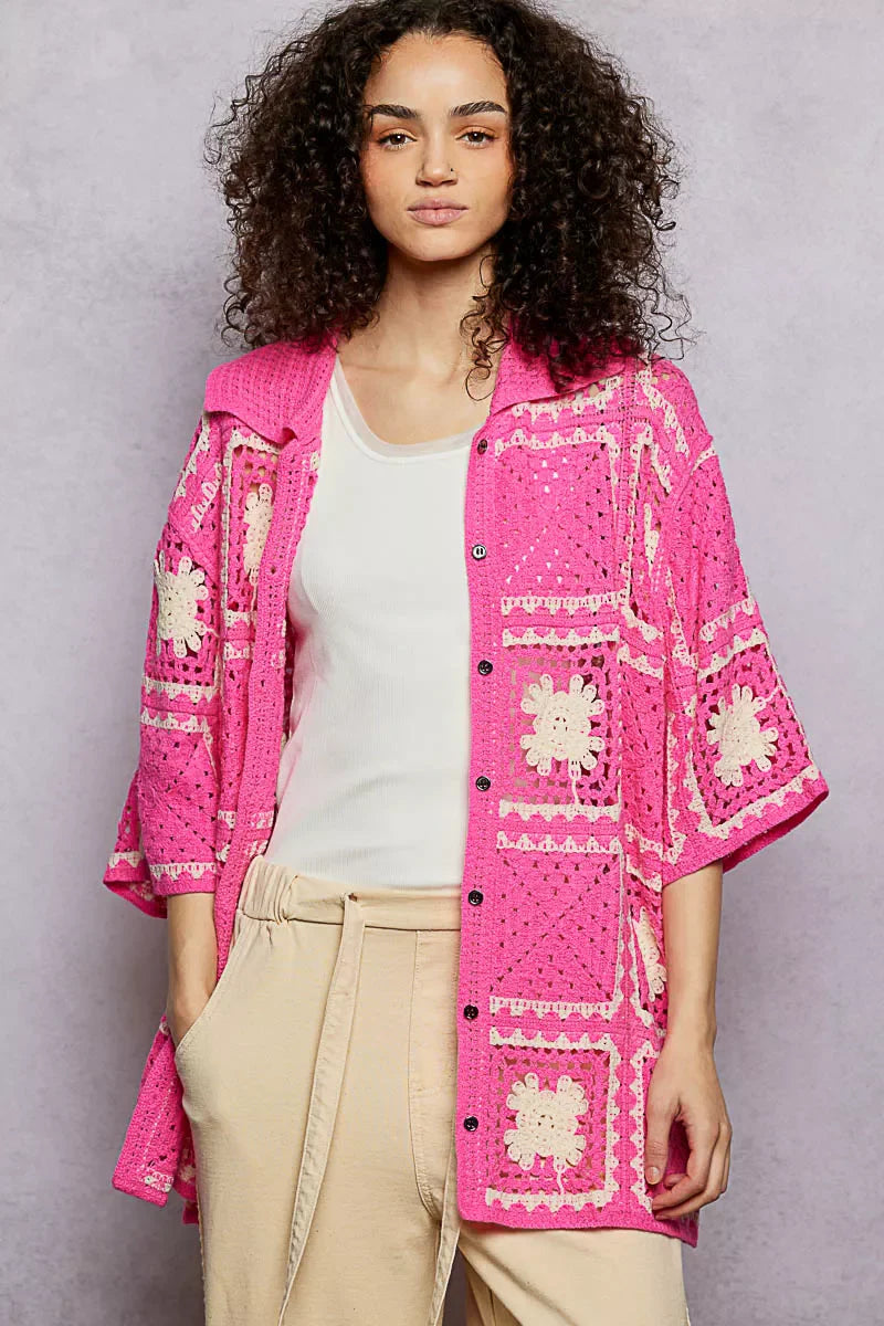 POL Button Down Openwork Floral Crochet Shirt with Granny Square Pattern