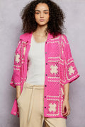 POL Button Down Openwork Floral Crochet Shirt with Granny Square Pattern