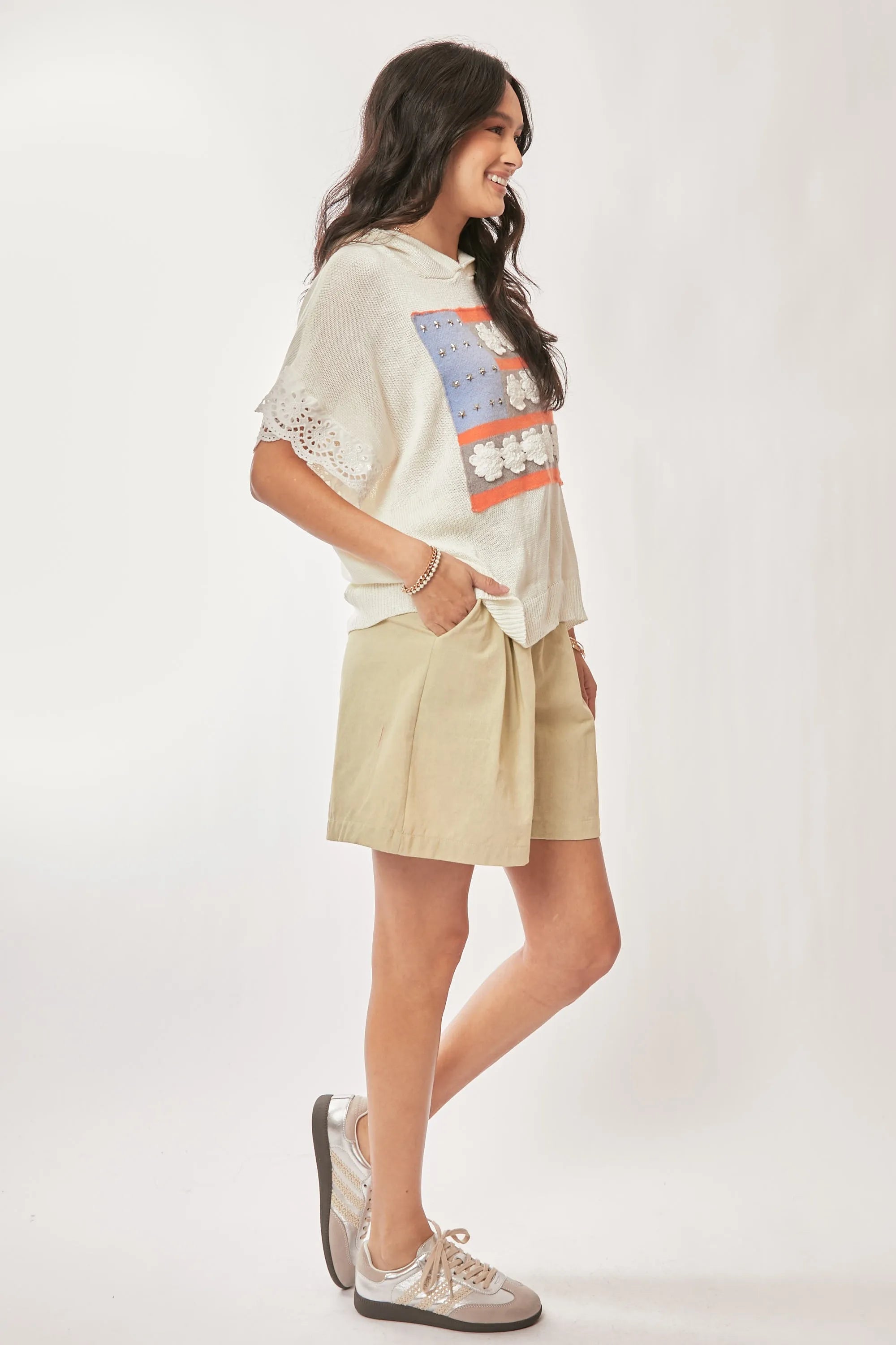 Davi & Dani American Flag Loose Fit Lace Sleeve Hoodie Top