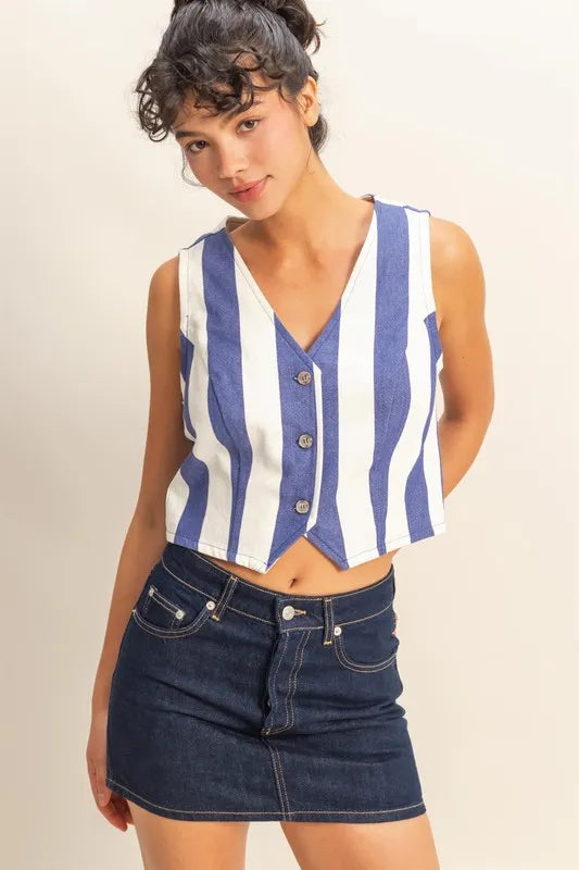 Woven Striped V-Neck Button Down Vest