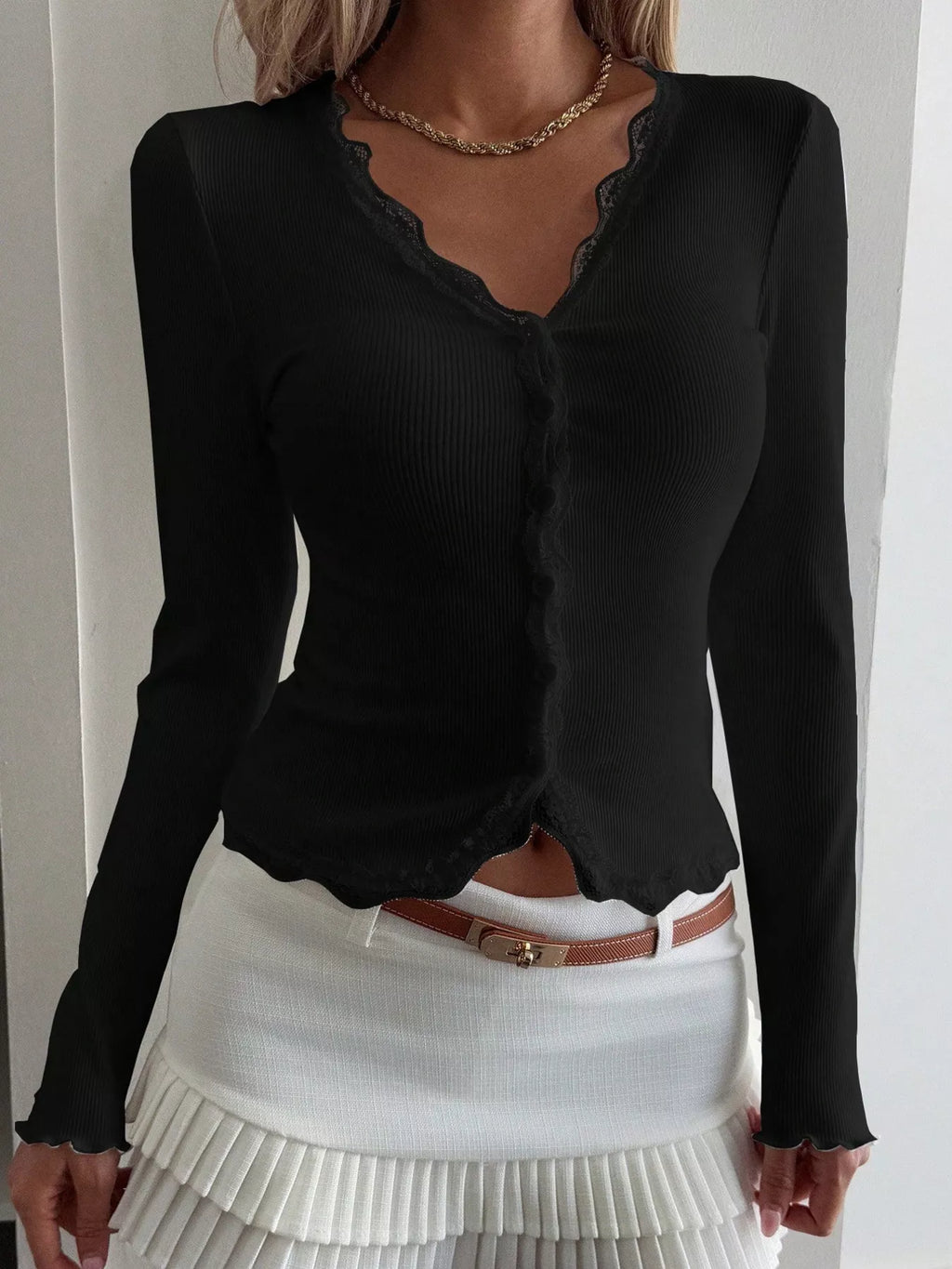 Lace Trim Long Sleeve Top