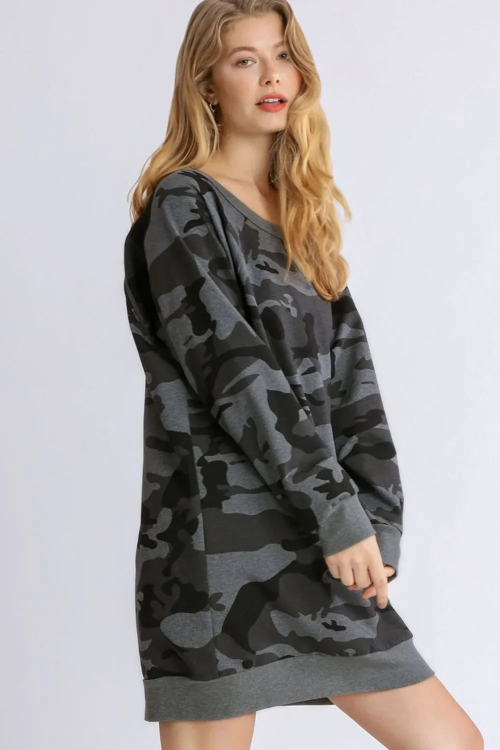 Umgee Full Size Camo Print Ribbed Hem French Terry Mini Dress Plus Size