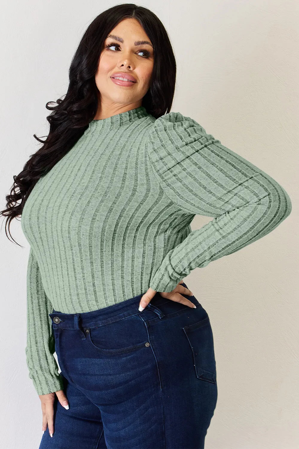 I am a Fashion junky Full Size Ribbed Mock Neck Puff Sleeve T-Shirt
