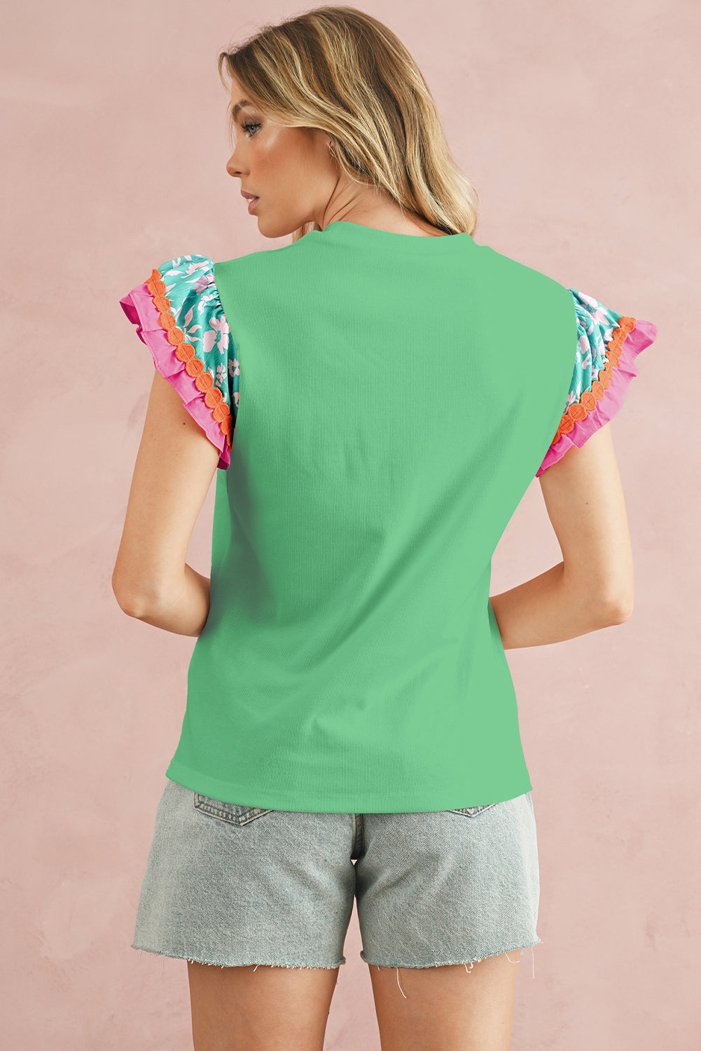 Peach Blossom Ricrac Applique Floral Sleeve Textured Blouse