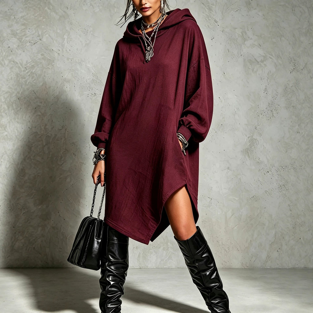 Womens Solid-Color Irregular Side-Slit Hooded Sweatshirt Dress