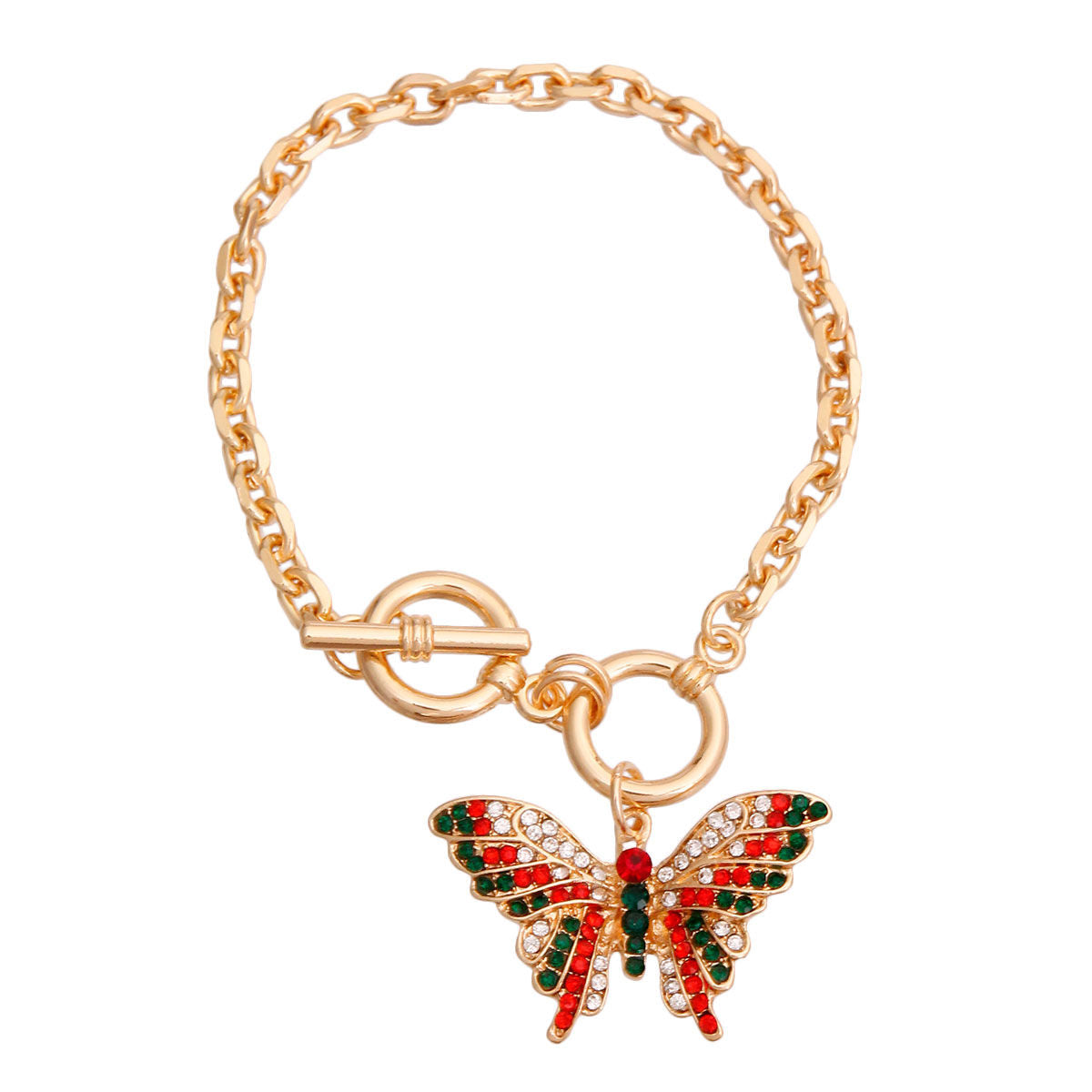 Statement Butterfly Bracelet with Red and Green Accents, Trendy Fashion Jewelry