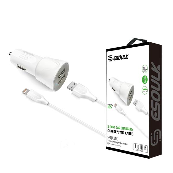 12W 2.4A Dual USB Travel Car Charger With 5FT Charging Cable
