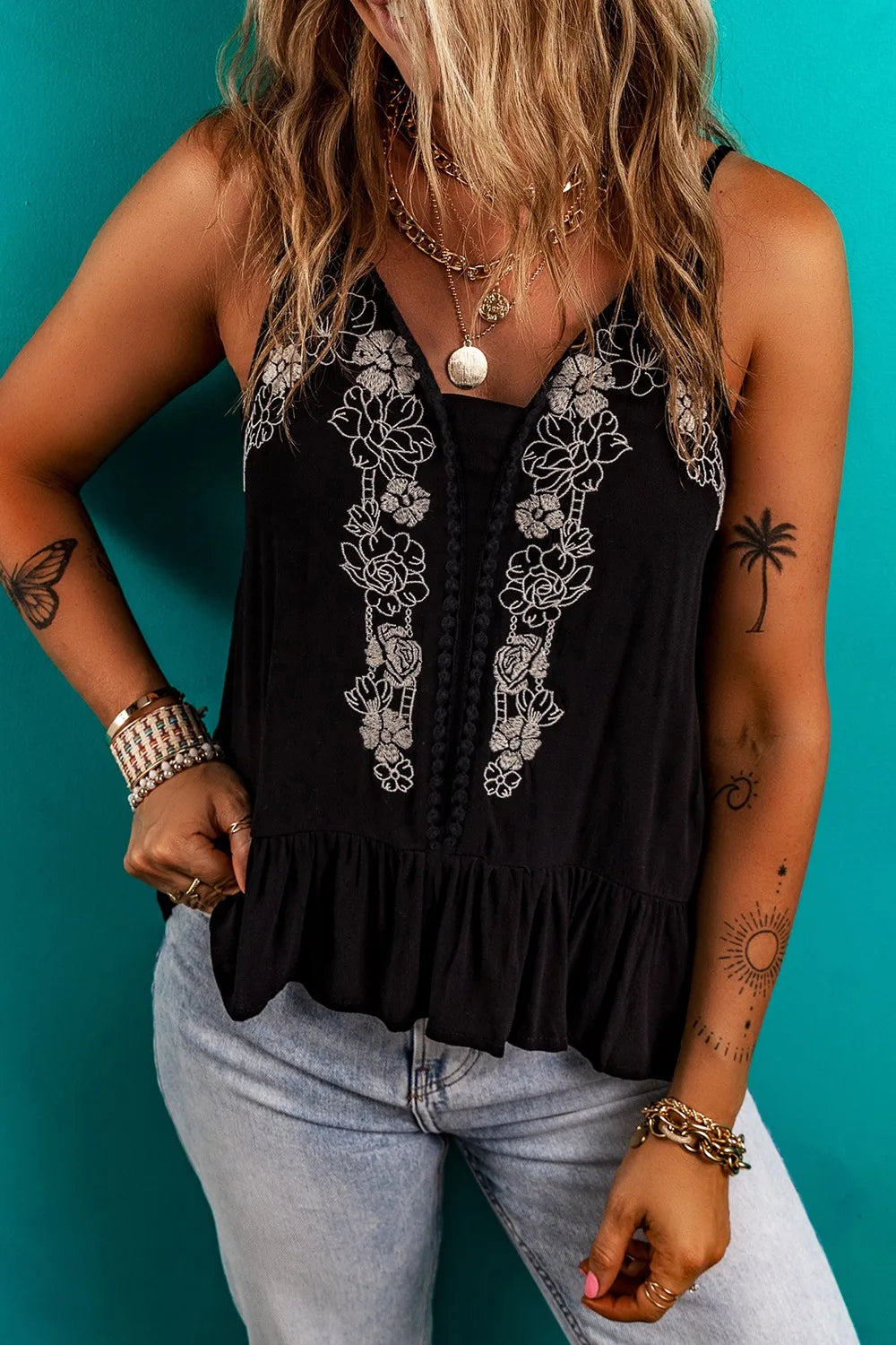Floral Ruffled Hem Embroidery Cami