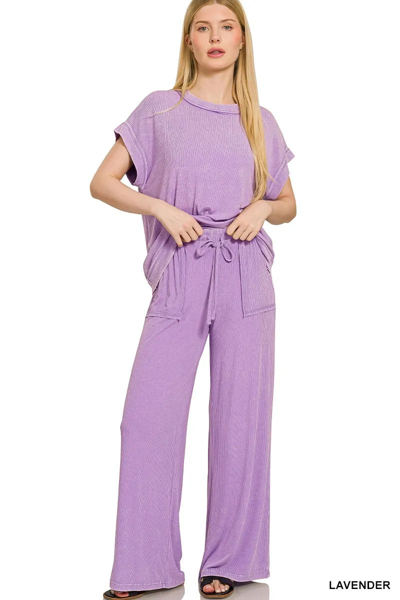 Zenana Ribbed Acid Wash Rayon Top & Pants Set