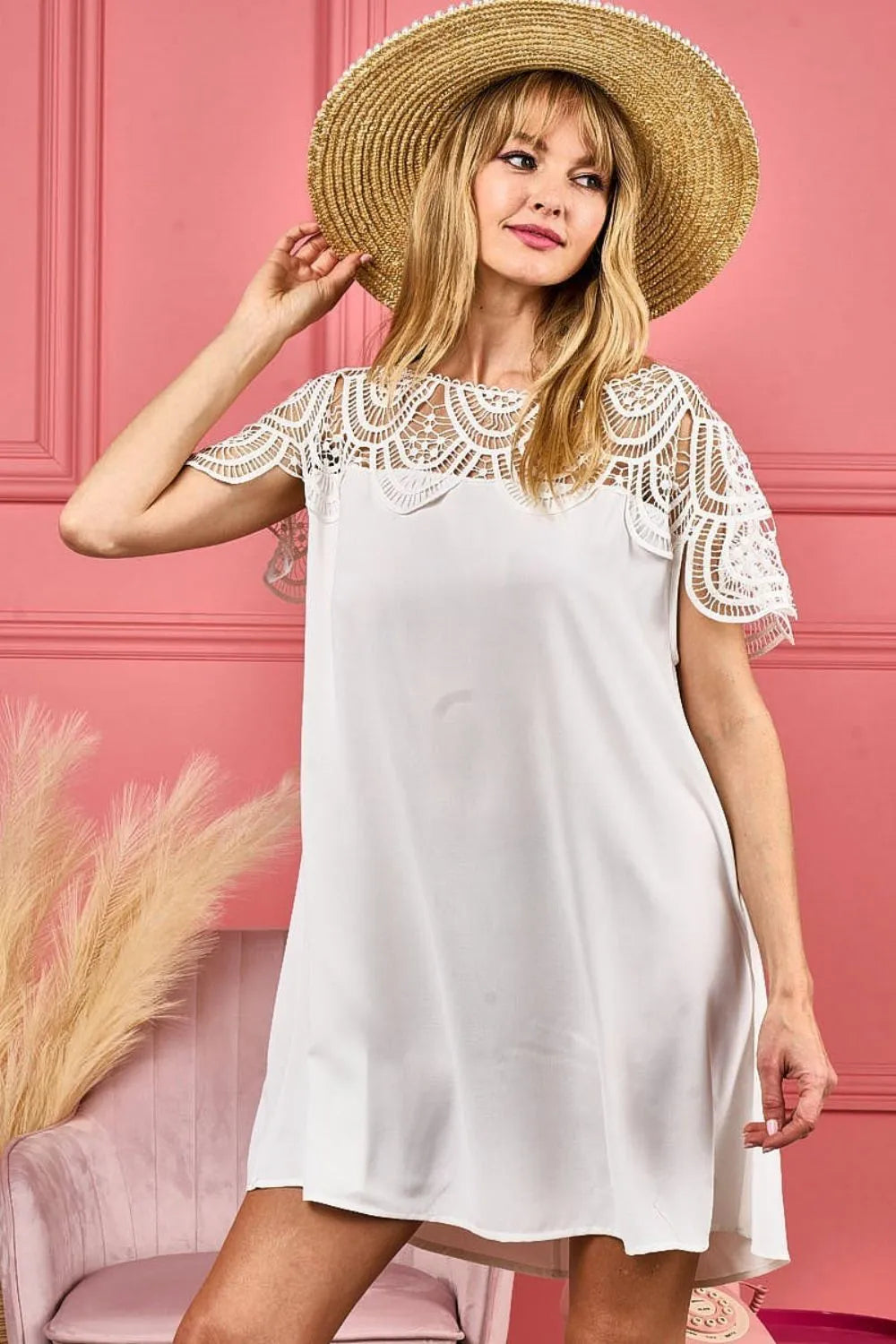 BiBi Crochet Lace Yoke Detailed Wrinkled Dress