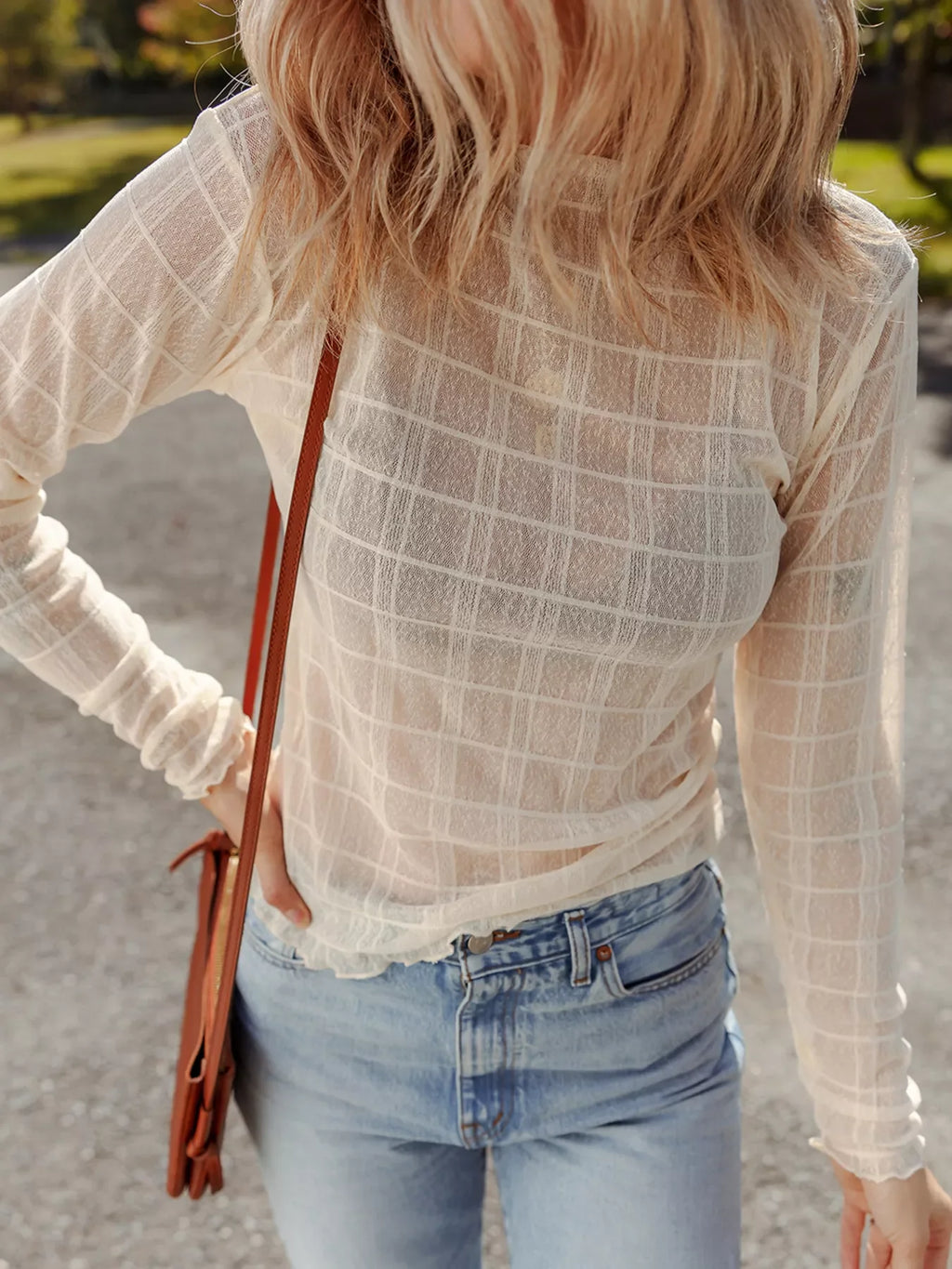 Sheer Plaid Mesh Lettuce Trim Slim Fit Long Sleeve Top