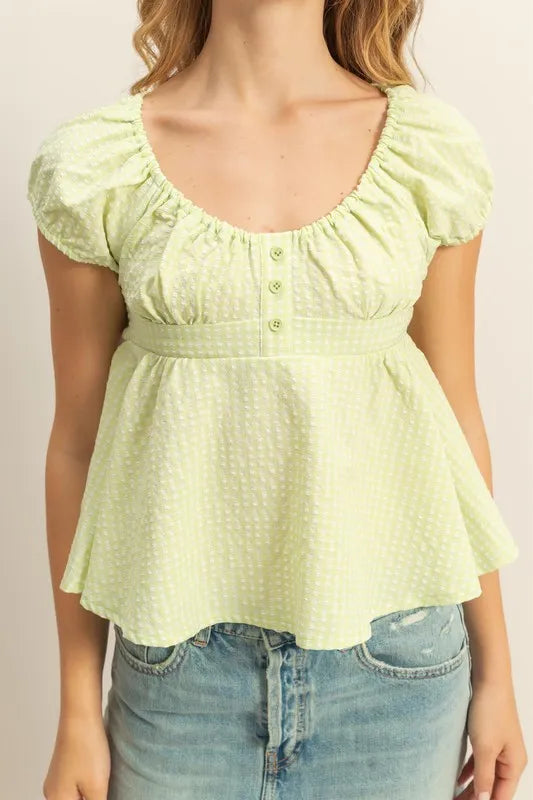 Gingham Scoop Neck Cap Sleeve Blouse