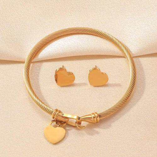 18K Gold-Plated Heart Earrings and Bracelet Jewelry Set