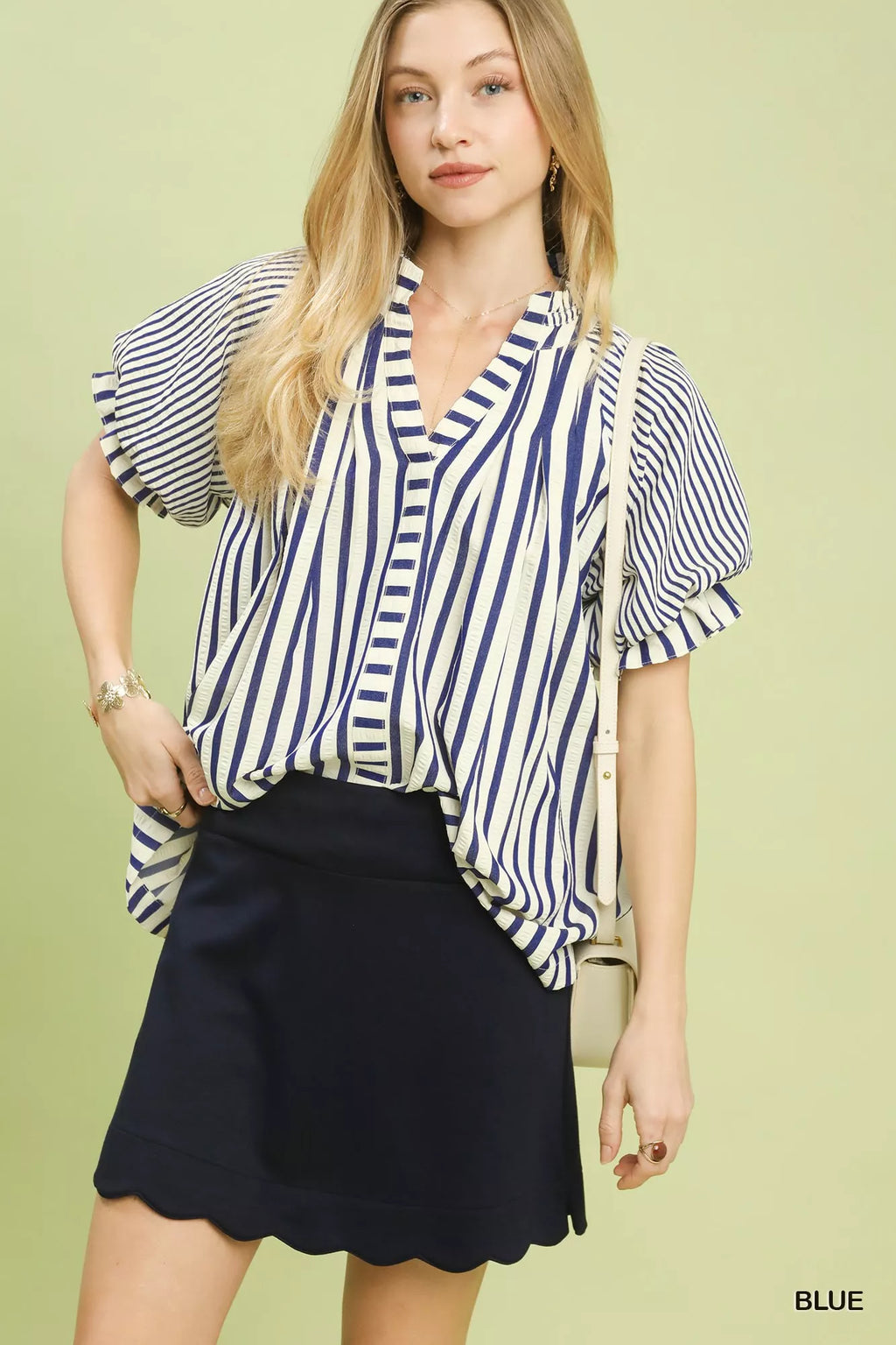Umgee Striped Notched Top with Short Flutter Sleeves