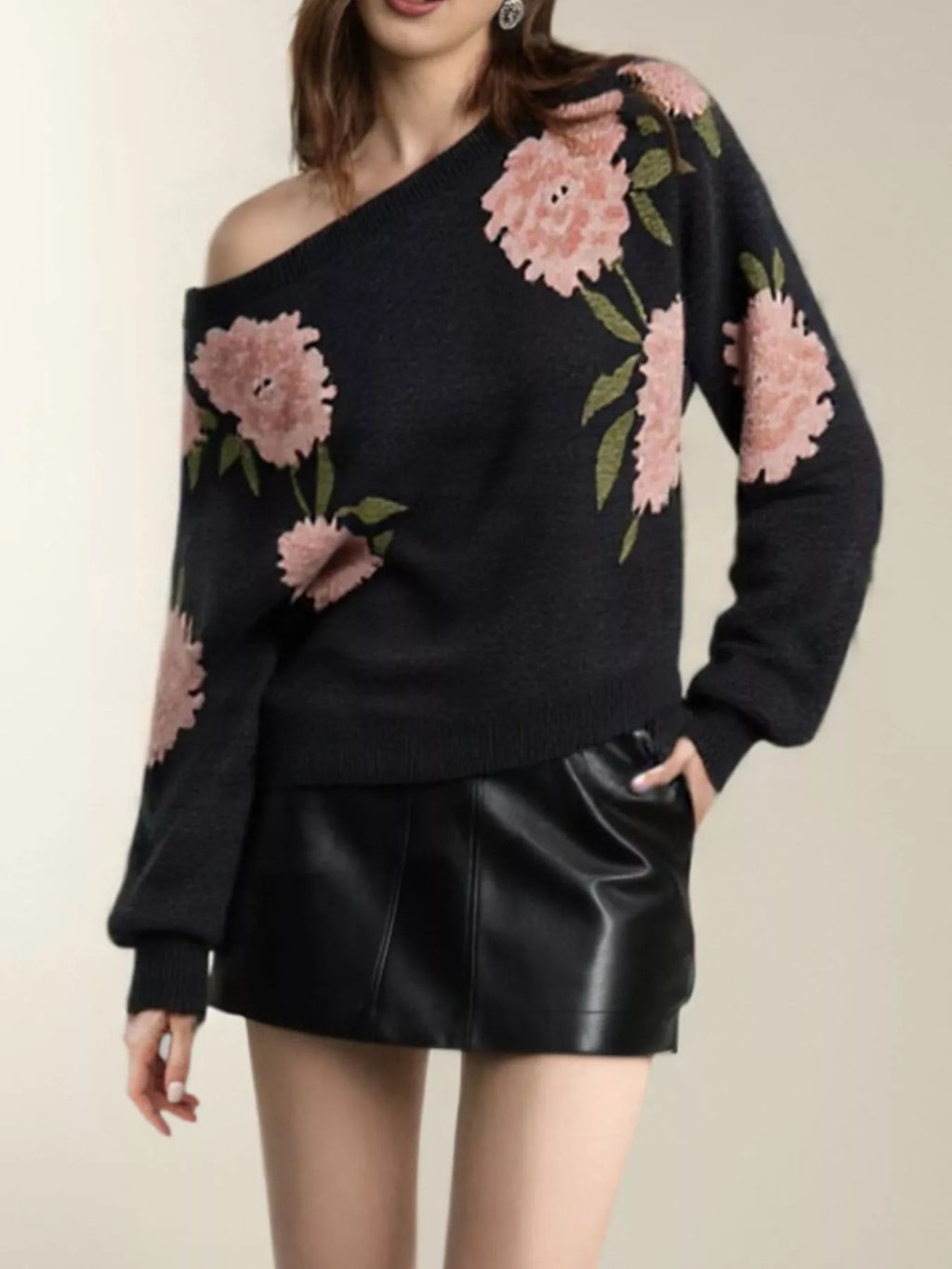 Floral Boat Neck Long Sleeve Sweater