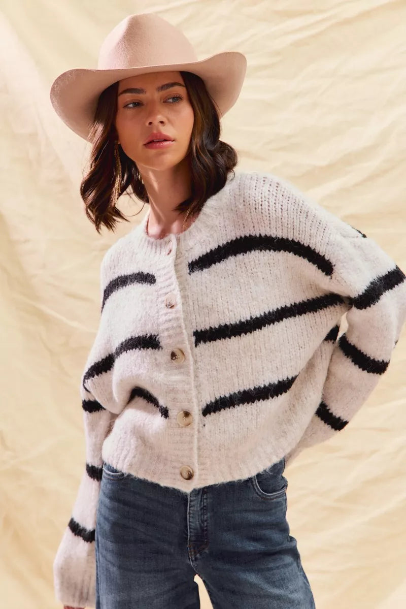 Stripe Soft Touch Button Cozy Sweater Cardigan