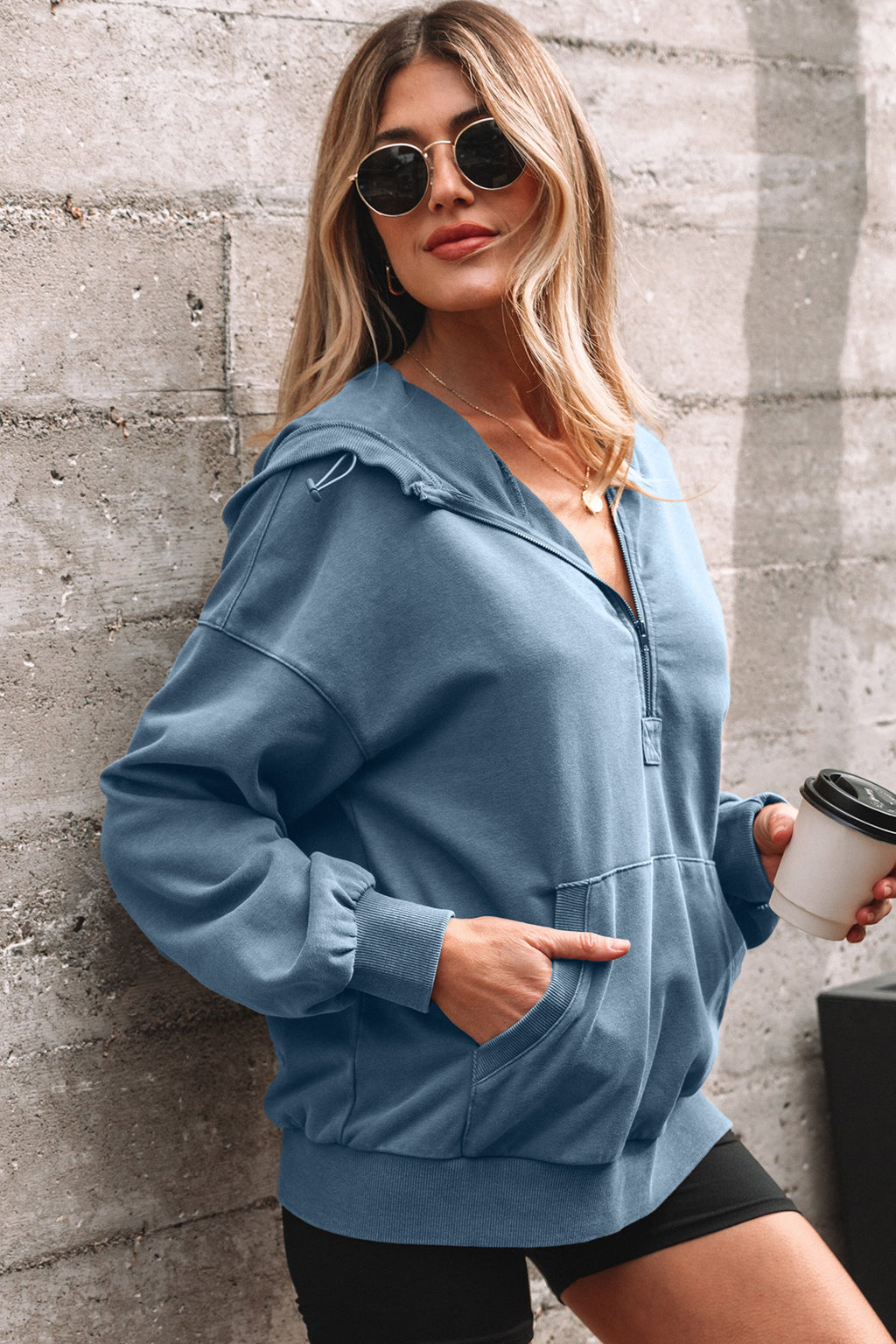 Half Zip Kangaroo Pocket Mineral Wash Baggy Hoodie