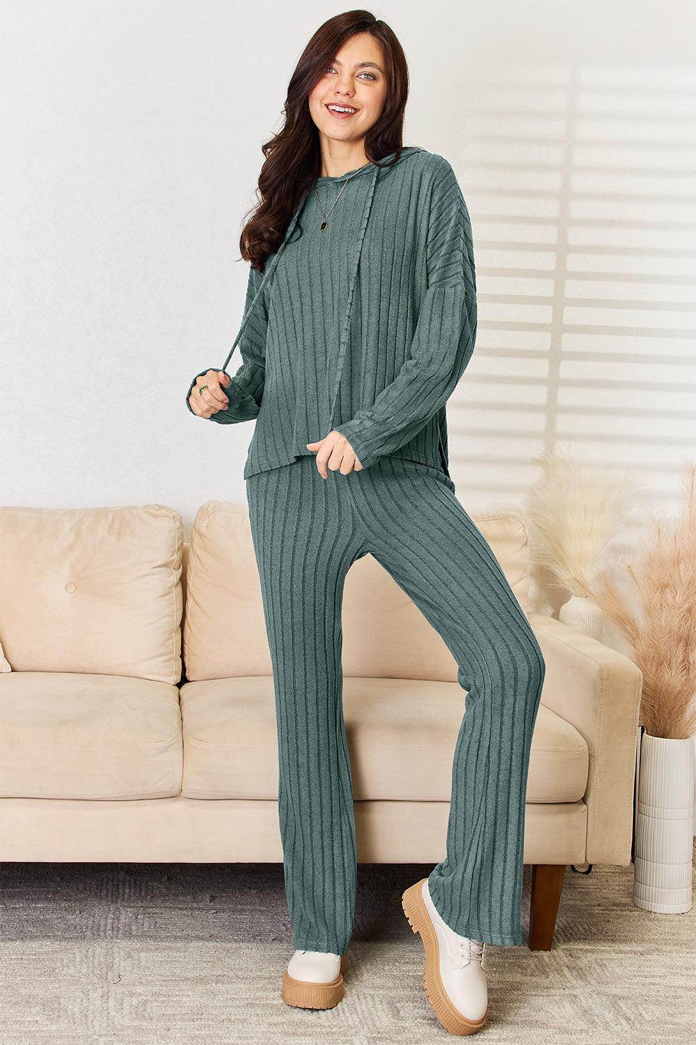 Basic Bae Full Size Ribbed Drawstring Hooded Top Set