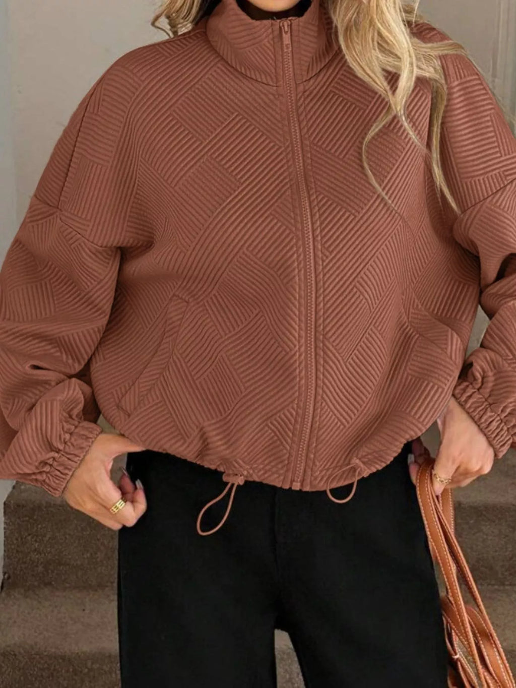 Textured Zip-Up Drawstring Hem Jacket