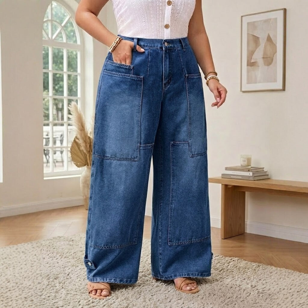 Womens Fashion Plus-Size Retro Washed Loose-Fit Jeans