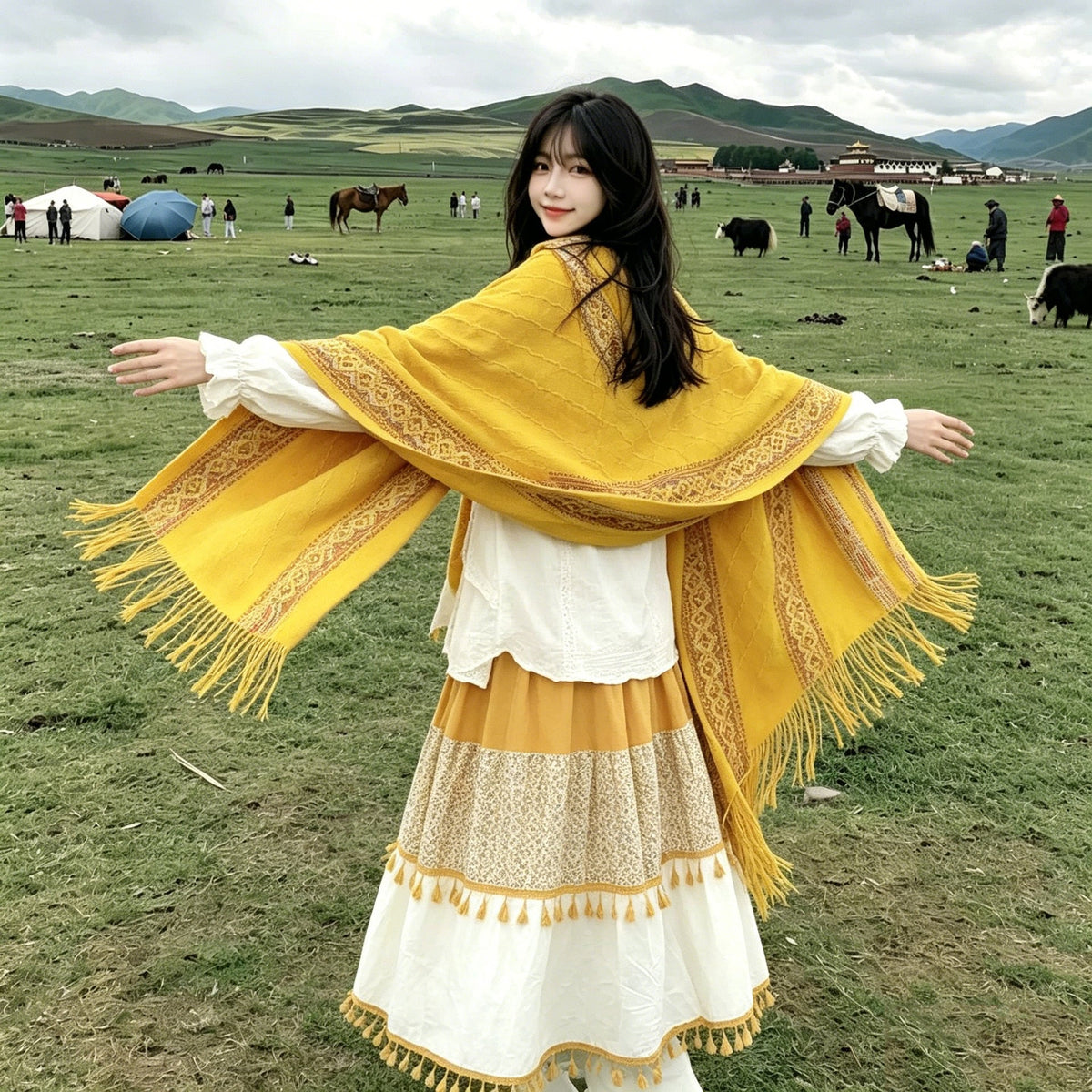 Yellow Ethnic-Style Cloak Womens Outerwear Shawl