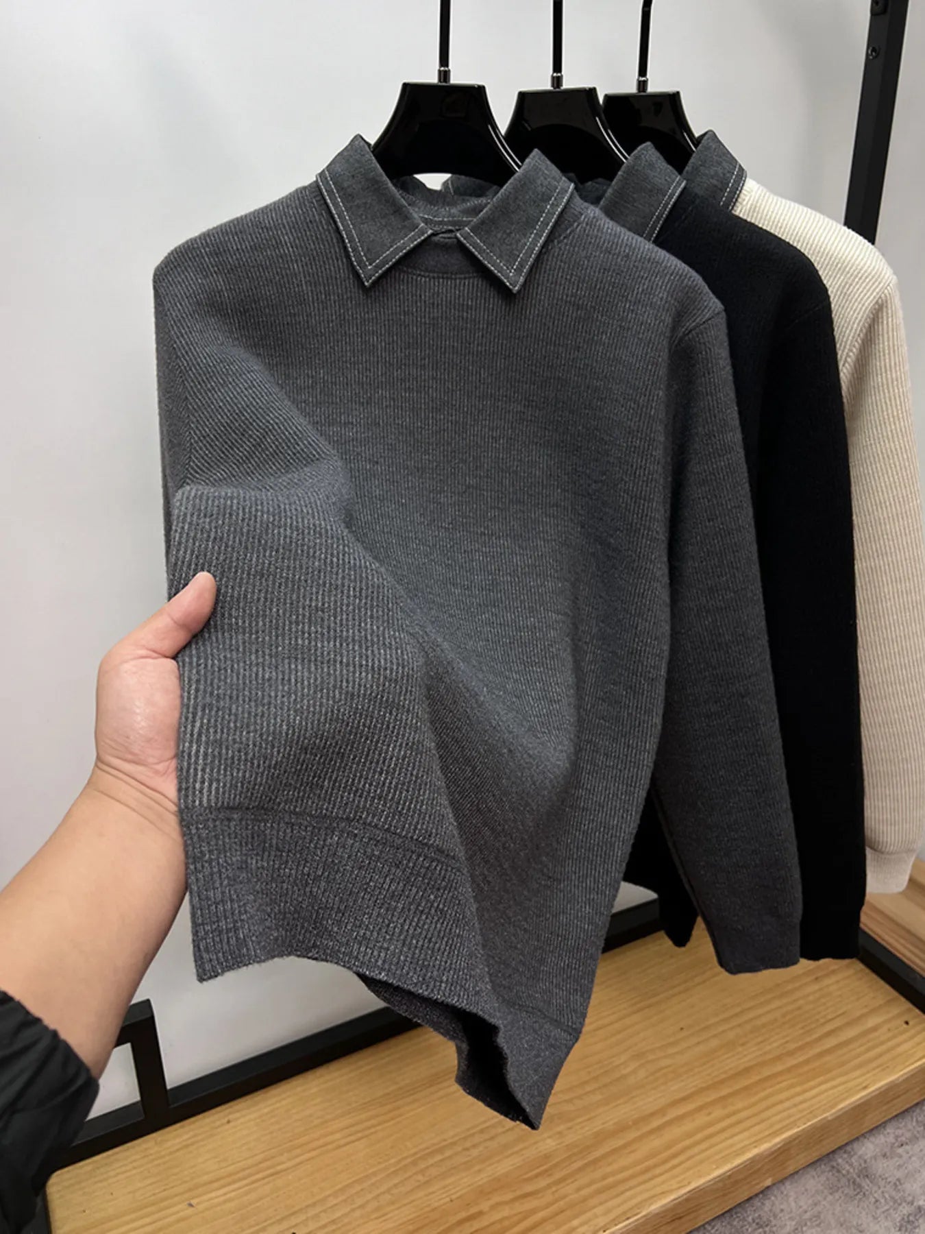 Men's Plus Size Ribbed Knit Collared Neck Sweater
