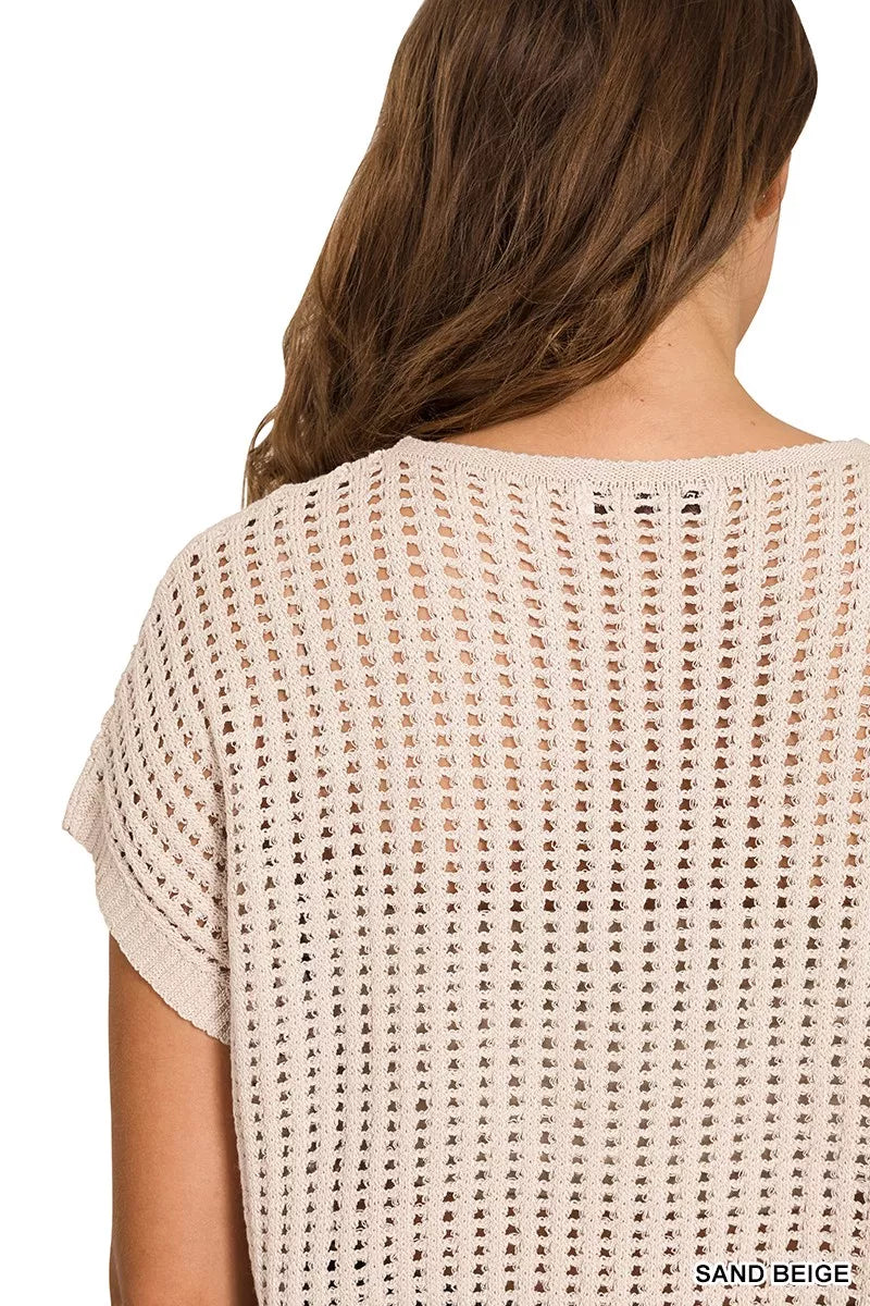 Zenana Viscose American Flag Openwork Knit Top