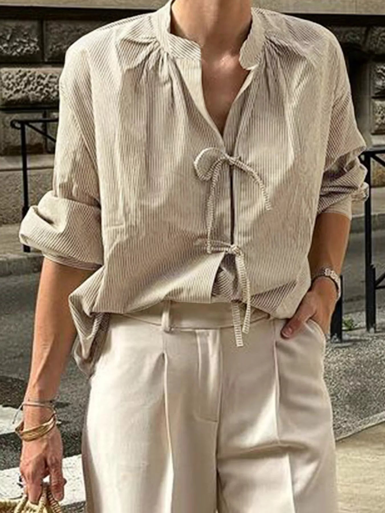 Striped Tie-Front Long Sleeve Shirt
