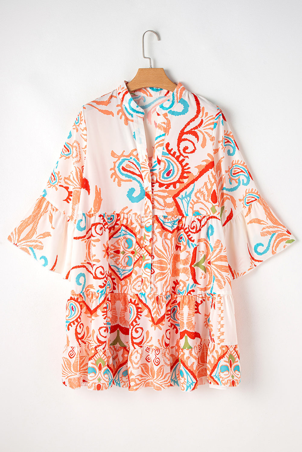 Orange Boho Paisley Print Bracelet Sleeve Mini Dress