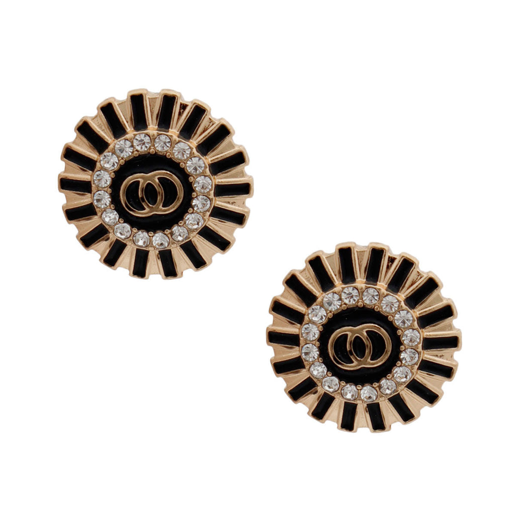 Round Gold and Black Lined Stud Earrings Stylish Fashion Jewelry