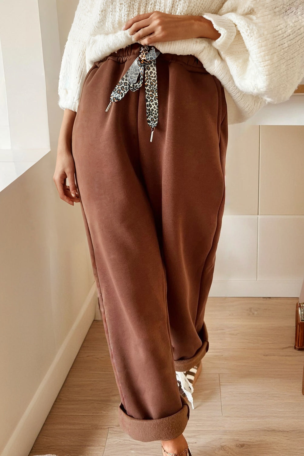 Coffee Fleece Lined Leopard Drawstring Elastic Waist Solid Pants