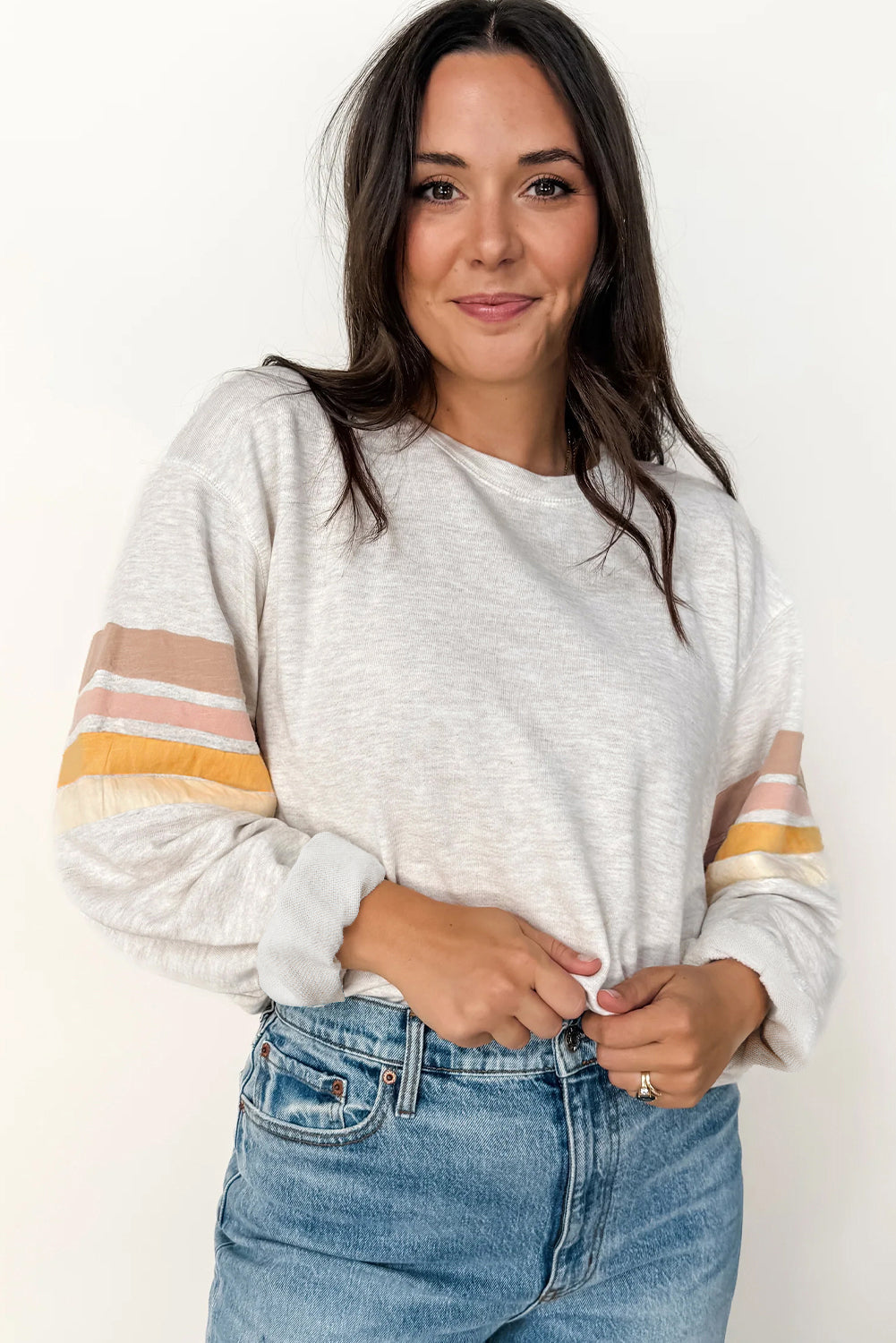 Light Grey Multicolored Striped Patchwork Drop Shoulder Sweatshirt