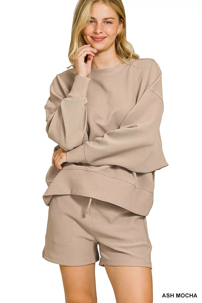 Ribbed Round Neck Pullover and Shorts Set