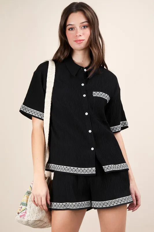 VERY J Crinkled Woven Shirt Top & Shorts Set
