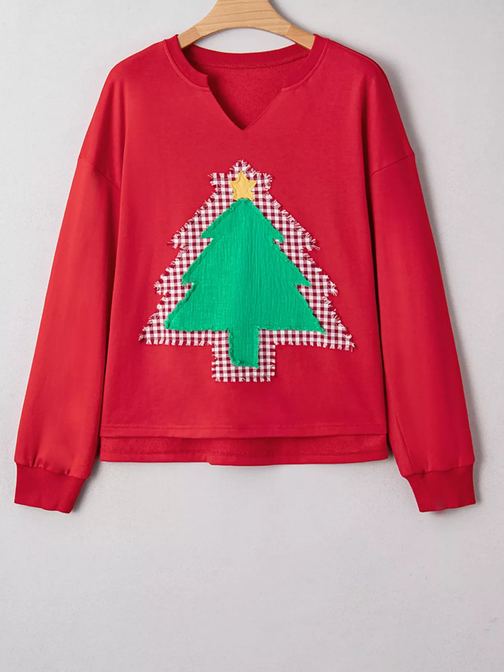 Plaid Frayed Double Christmas Tree Patched Drop Shoulder Sweatshirt