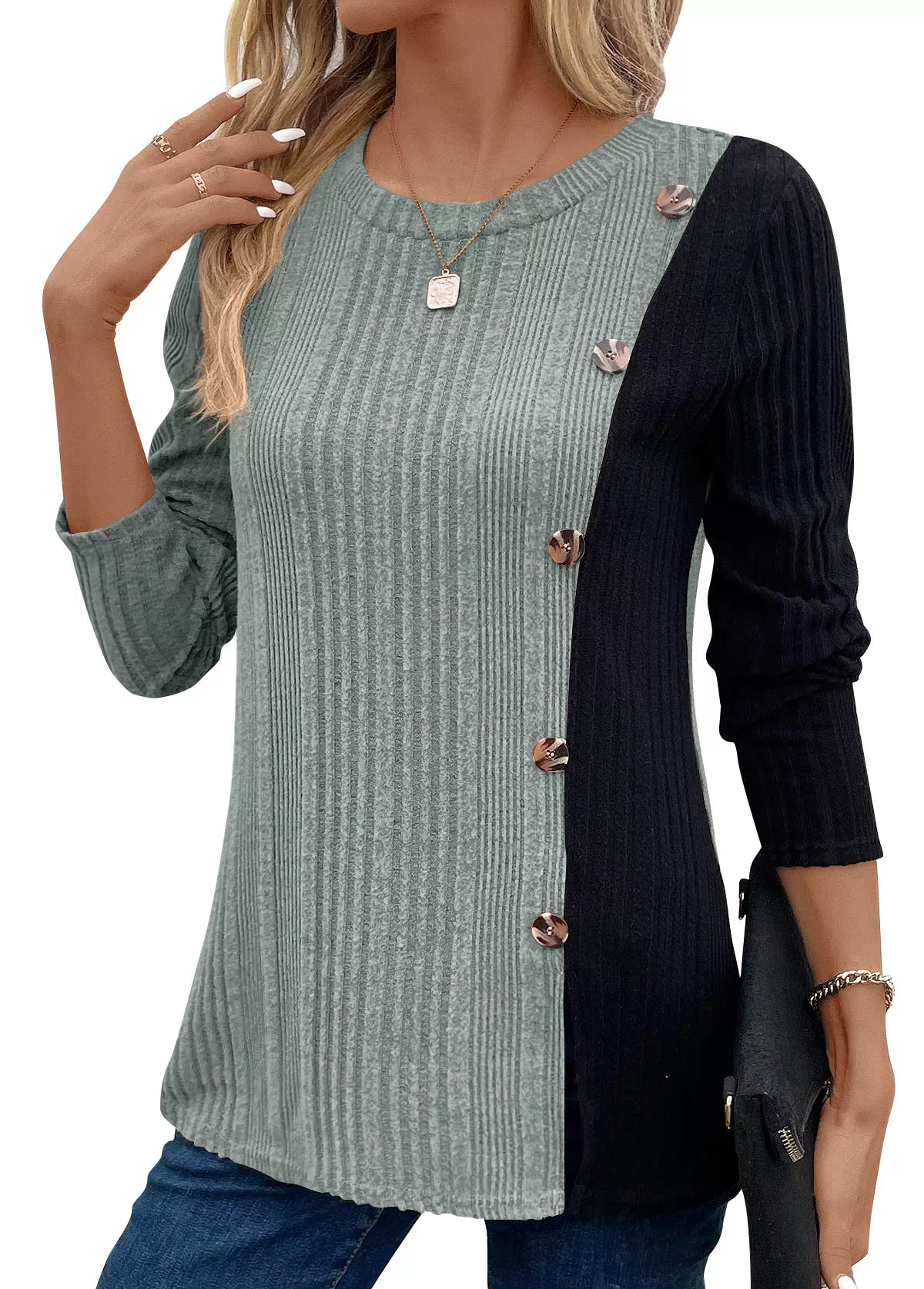 Color Block Ribbed Knit T-Shirt