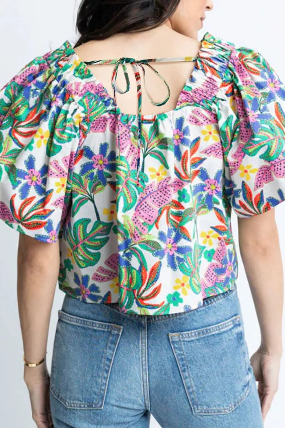 Plant Print Loose Fit Puff Sleeve Square Neck Blouse