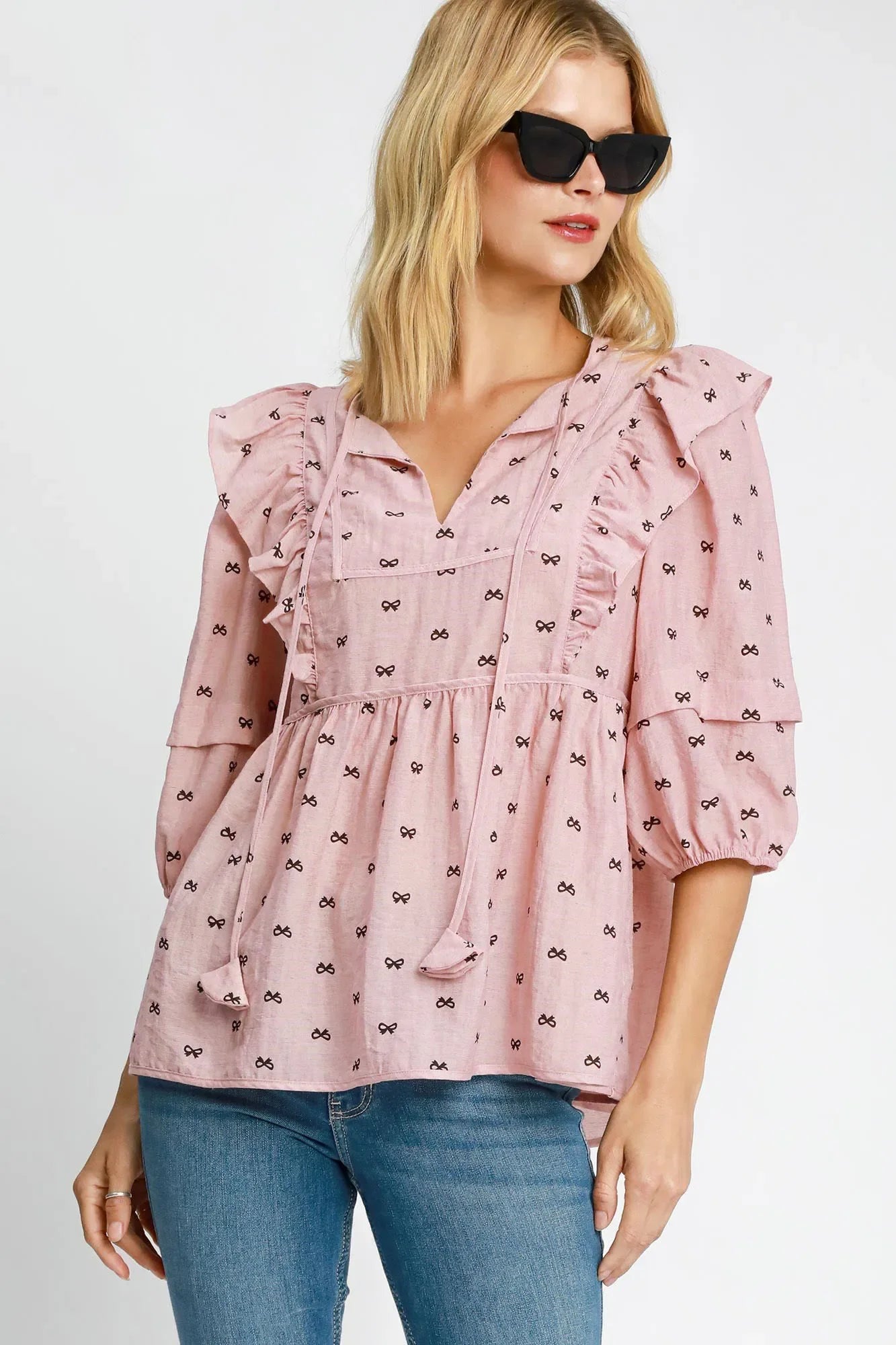 Umgee Full Size Ruffled Bow Print Tie Neck Peplum Blouse Plus Size