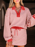 Stripe Collared V Neck Drop Shoulder Pullover and Skort 2pcs Outfit