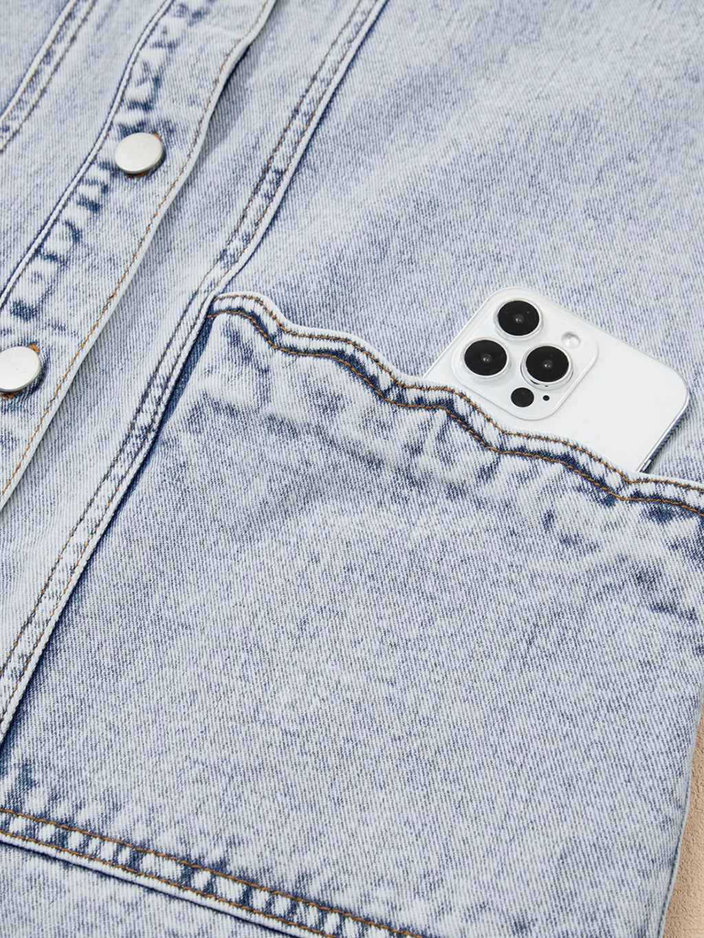 Scalloped Trim Patch Pocket Button Front Denim Vest