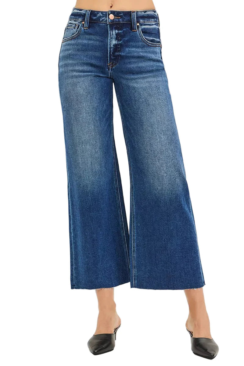RISEN Full Size Mid Rise Crop Wide Raw Cut Hem Jeans Plus Size