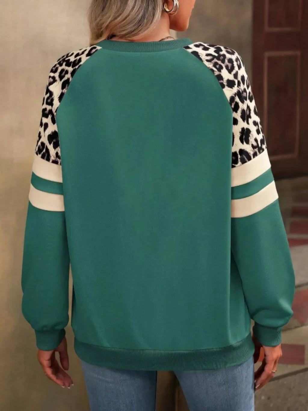 Leopard Raglan Sleeve Striped Sweatshirt