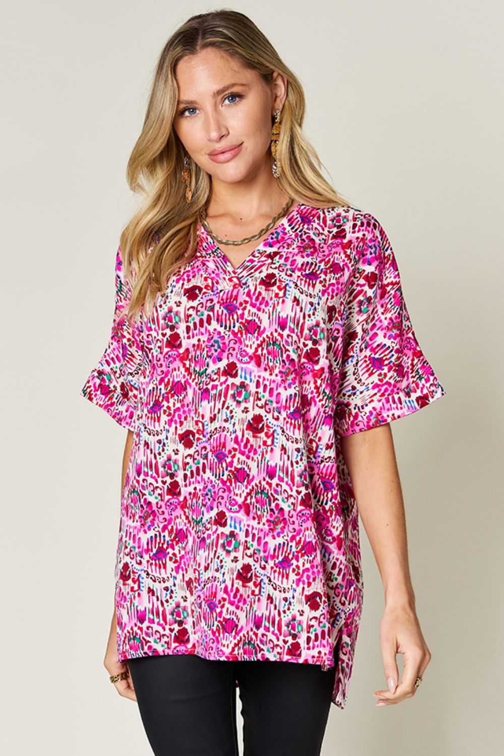 Printed V-Neck Short Sleeve Top