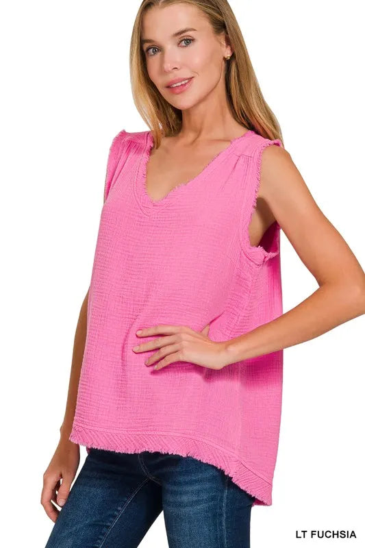 Double Gauze Raw Edge V-Neck Tank